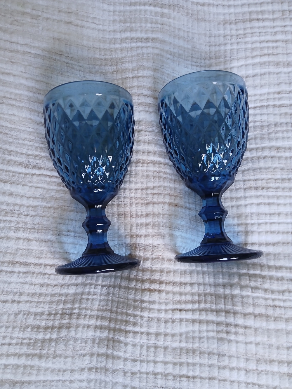 Blue Diamond-Cut Glass Goblets - Set of 2